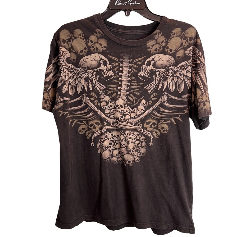 Affliction Mens T Shirt Black Skull Print Bones Soft Lightweight Size Medium